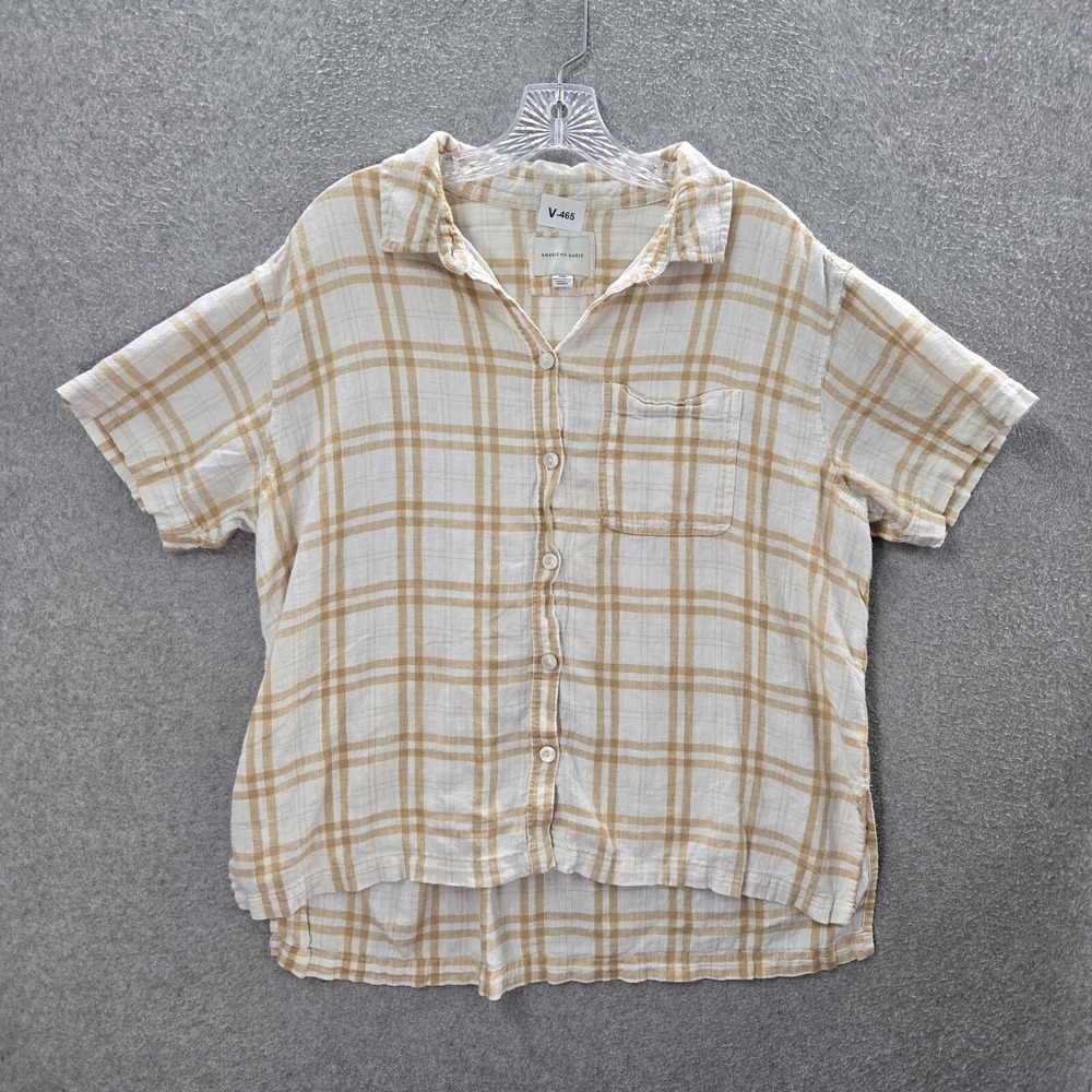 American Eagle Women Top Large Beige Plaid Button Up Linen Blend Pocket Collar